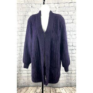 Vintage VENESHA Purple Angora Long Cardigan Sweater Jacket Size L Fuzzy Shaggy
